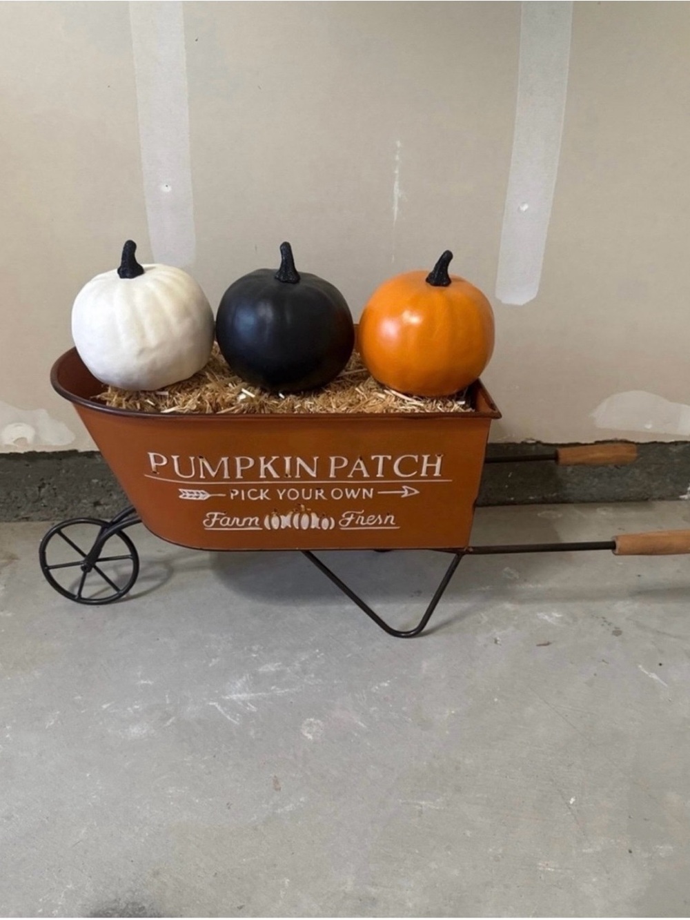 Pumpkin Patch Decorative Wheelbarrow, Straw, and Pumpkins